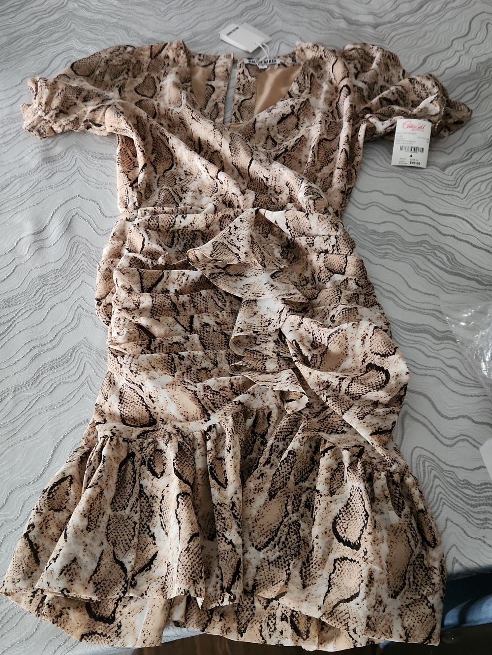 Walter Baker Taupe & Black Snake-Print Ruffle Wrap Mini Dress